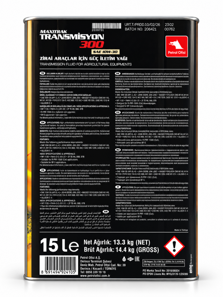 Petrol Ofisi Maxitrak Transmisyon 300 10W-30 15 L Traktör Şanzıman ve Hidrolik Yağı