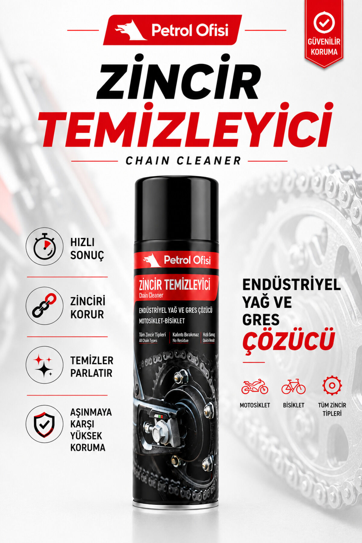 Petrol Ofisi Zincir Temizleyici Sprey 500 ml Motosiklet ve Bisiklet O-Ring X-Ring Z-Ring Uyumlu