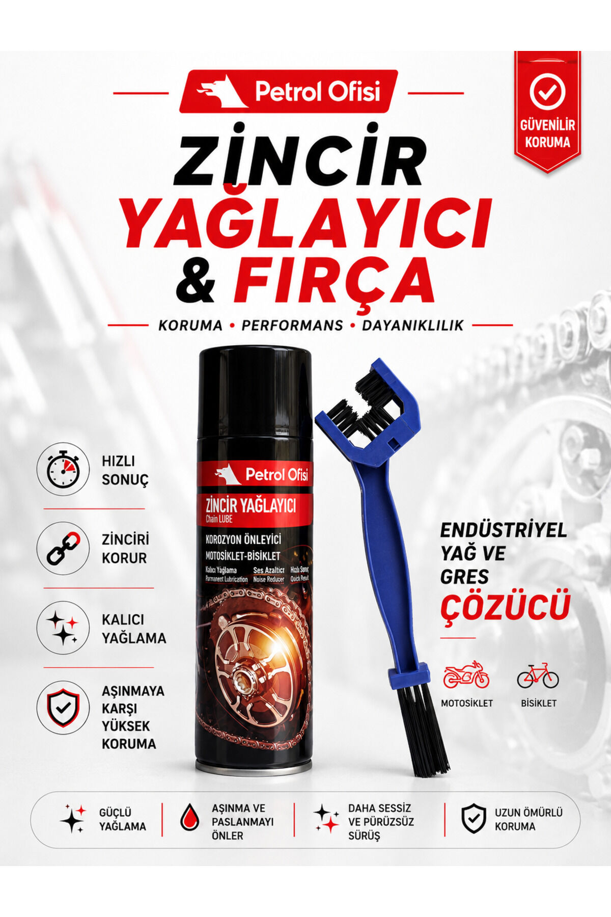 Petrol Ofisi Zincir Yağlayıcı Sprey + Çift Taraflı Motosiklet Bisiklet Zincir Fırçası