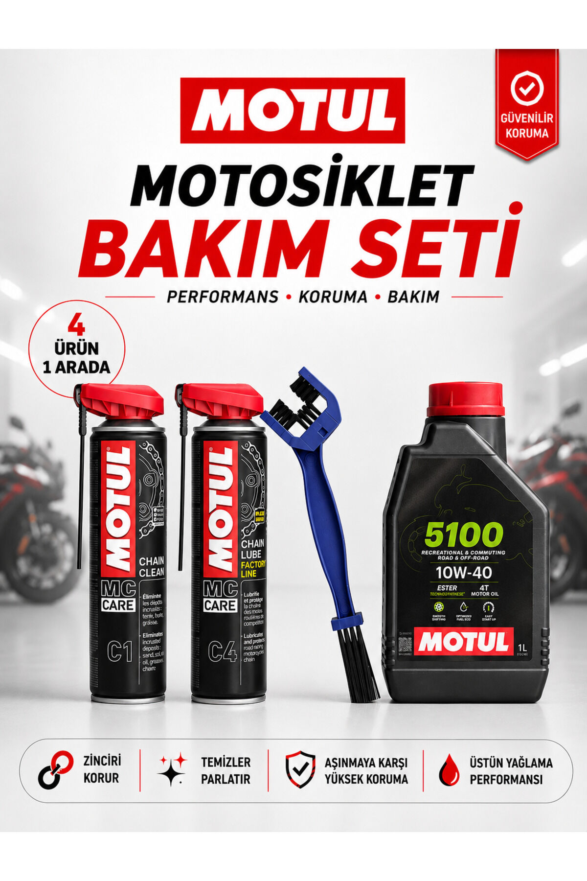 Motul C1 C4 Zincir Bakım Seti 400 ml + 5100 10W-40 4T 1L Motor Yağı ve Fırça