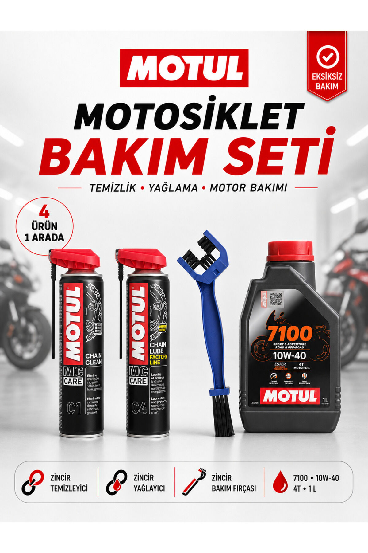 Motul Motosiklet Bakım Seti 7100 10W-40 4T 1L + C1 C4 400 ml ve Zincir Fırçası