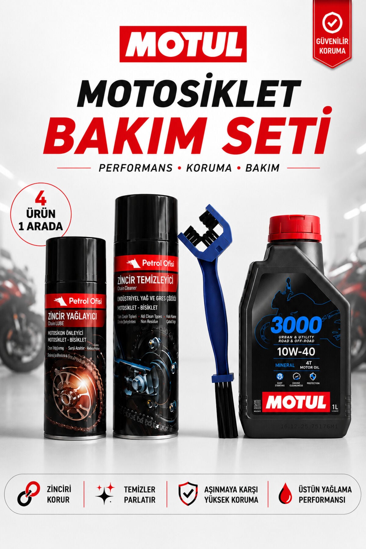 Motul 3000 10W-40 4T 1L Mineral Motosiklet Yağı ve Zincir Bakım Seti 4'lü