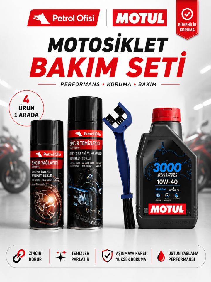 Motul 3000 10W-40 4T 1L Mineral Motosiklet Yağı ve Zincir Bakım Seti 4'lü