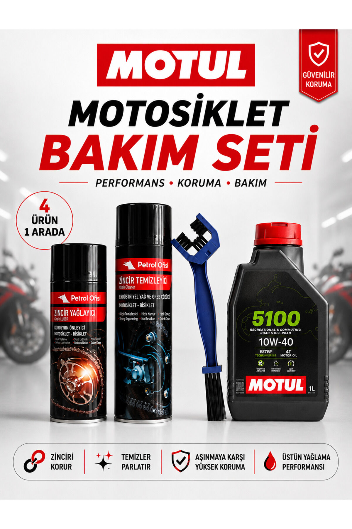 Motul 5100 10W-40 4T 1L Motor Yağı + Zincir Bakım Seti + Fırça