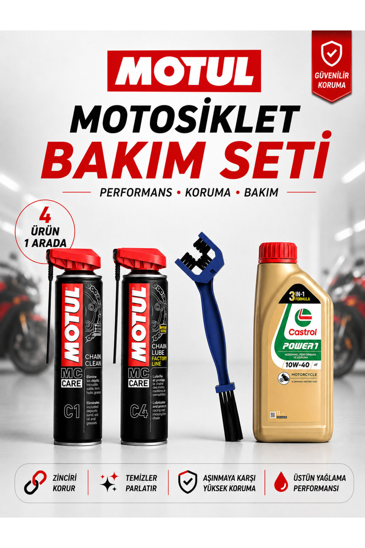 Motul C1 + C4 400 ml Zincir Bakım Seti + 10W-40 4T 1L Motor Yağı ve Fırça