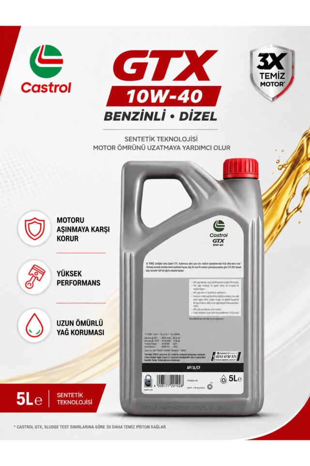 CASTROL GTX 10W-40 5 L Sentetik Teknolojili Benzinli Dizel Motor Yağı