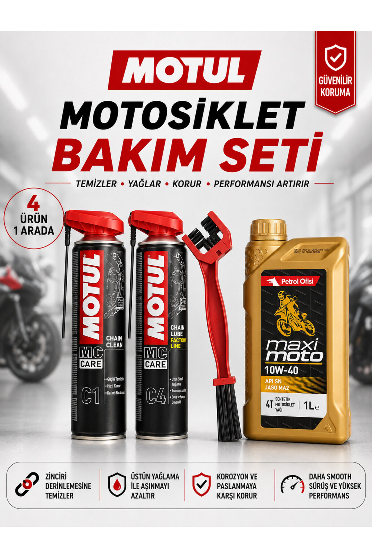 Motul C1 C4 + Maximoto 10W-40 1L Motosiklet Bakım Seti + Zincir Fırçası