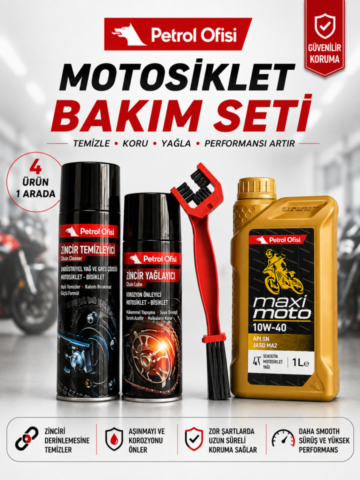 Petrol Ofisi Maximoto 10W-40 1L + Zincir Temizleyici + Yağlayıcı + Fırça