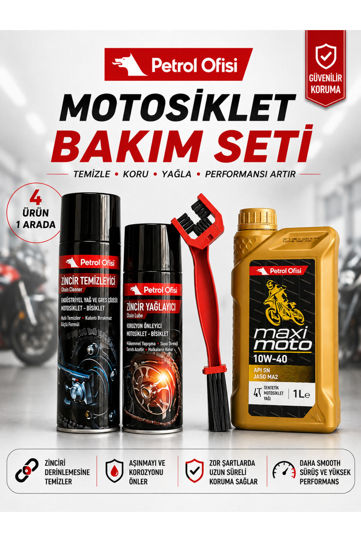 Petrol Ofisi Motosiklet Bakım Seti Maximoto 10W-40 1L + Zincir Temizleyici + Yağlayıcı + Fırça