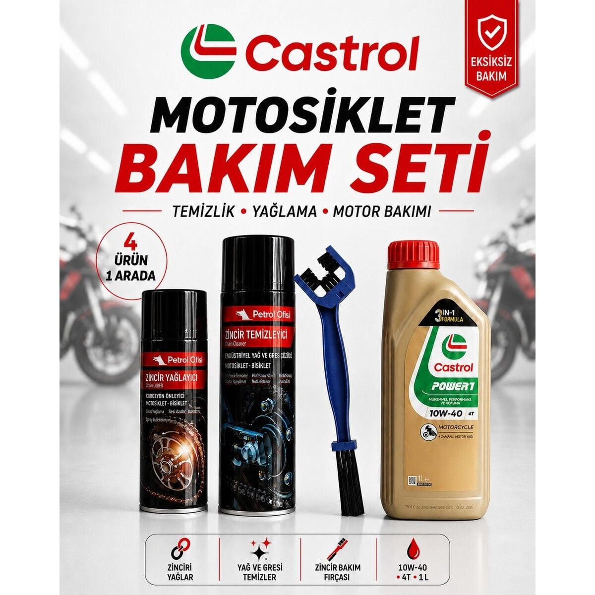 Castrol Power1 10W-40 1l + Zincir Temizleyici ve Yağlayıcı + Fırça Bakım Seti