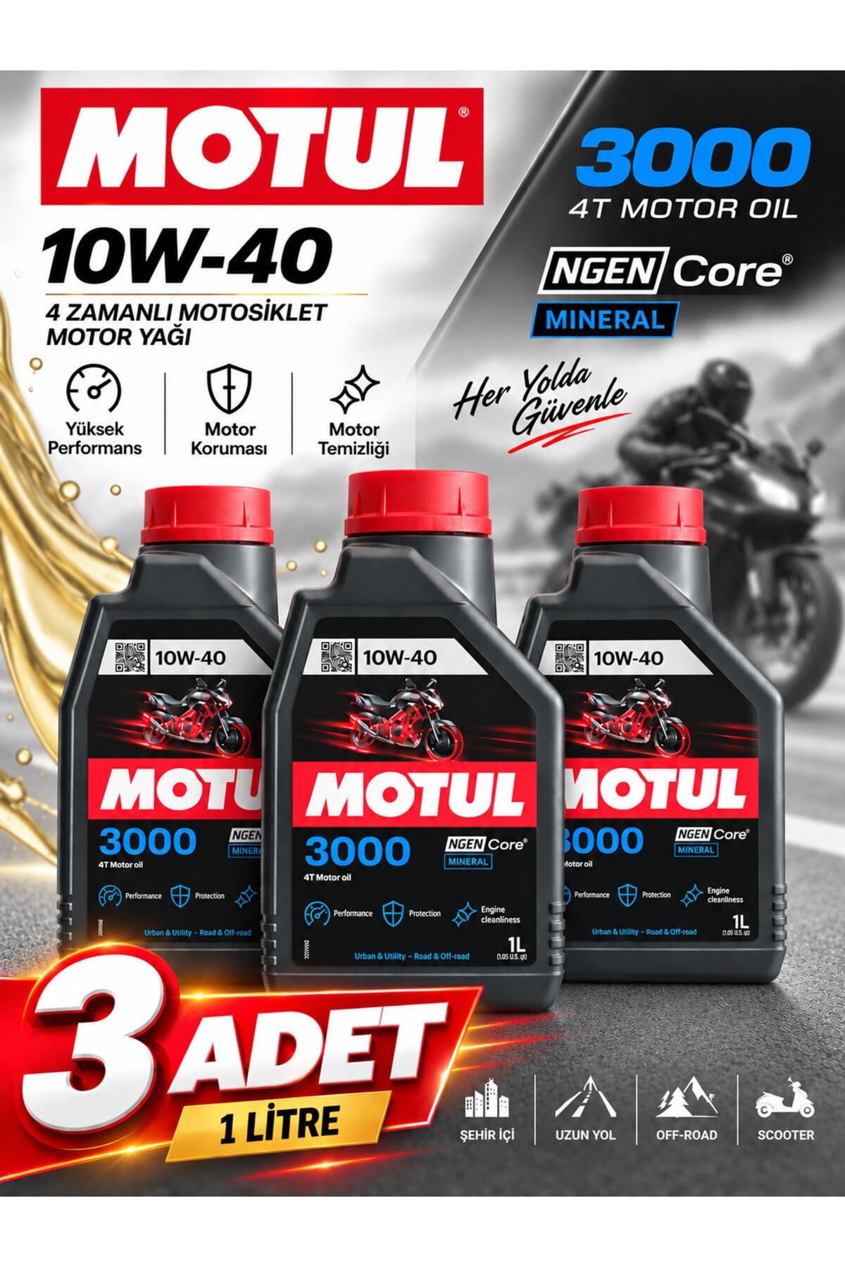 Motul 3000 10W-40 4T Mineral Motosiklet Motor Yağı 1 Litre 3 ADET