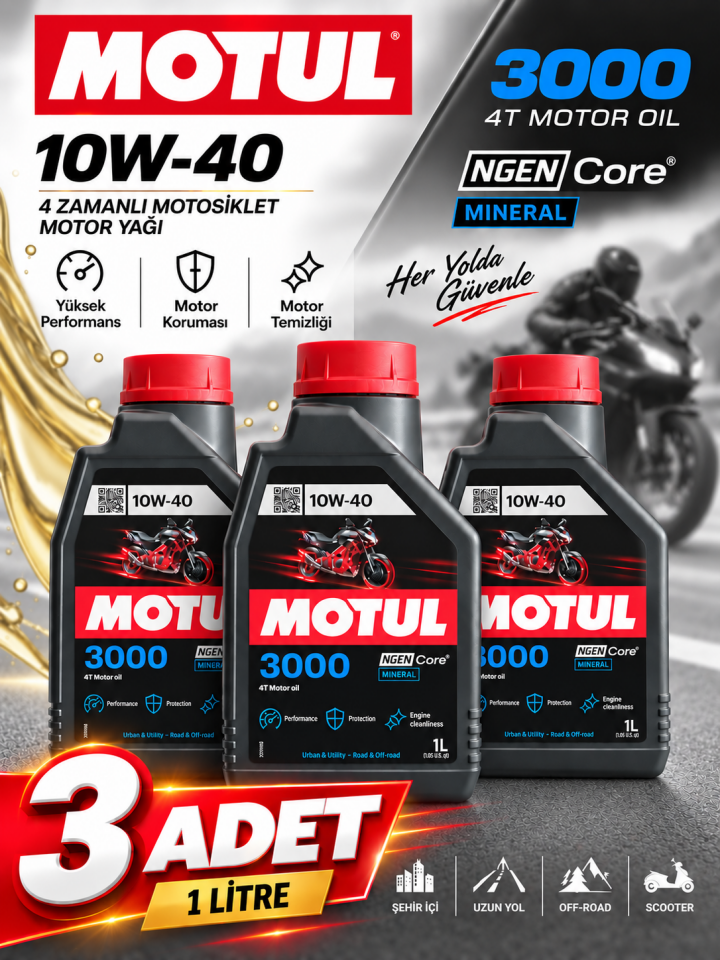 Motul 3000 10W-40 1 Litre 3 ADET - Huni Hediye Koyulacak