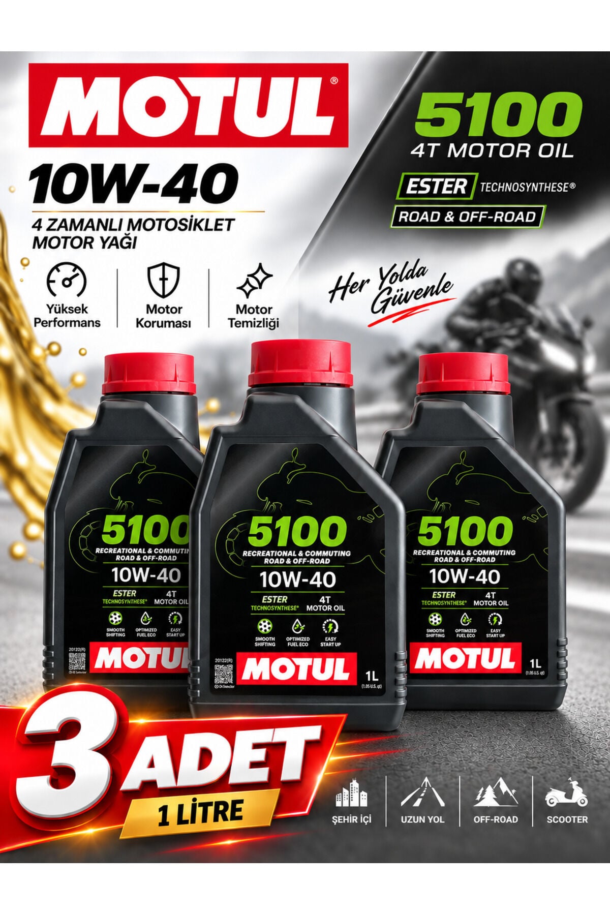 Motul 5100 10W-40 4T Motosiklet Motor Yağı 1 Litre 3 ADET