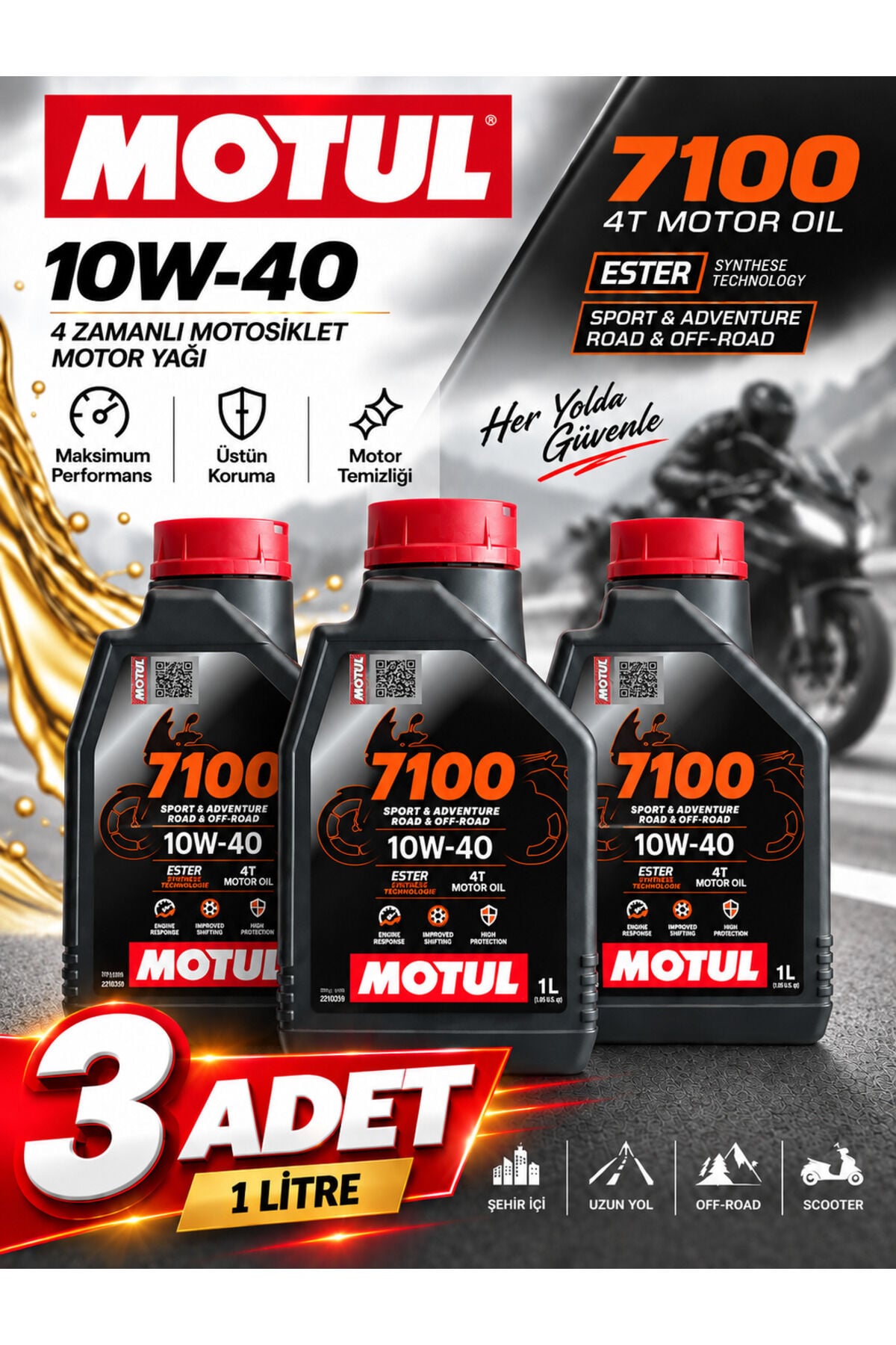 Motul 7100 10W-40 4T Tam Sentetik Motosiklet Motor Yağı 1 Litre 3 ADET