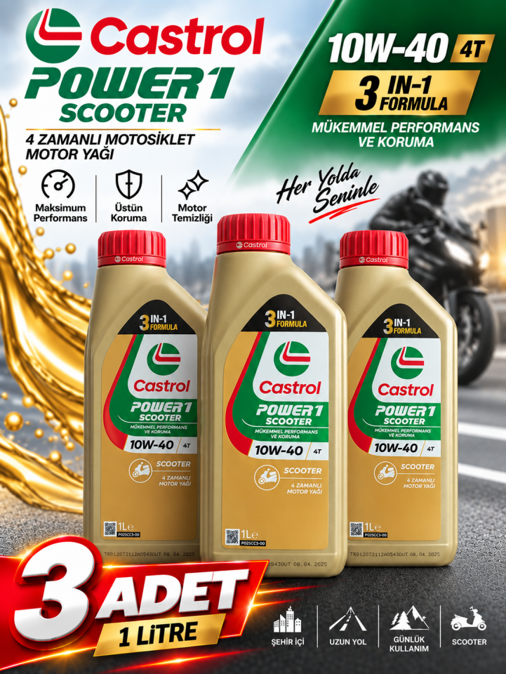 Castrol Power1 Scooter 10W-40 T 1 Litre 3 ADET - Huni Hediyeli