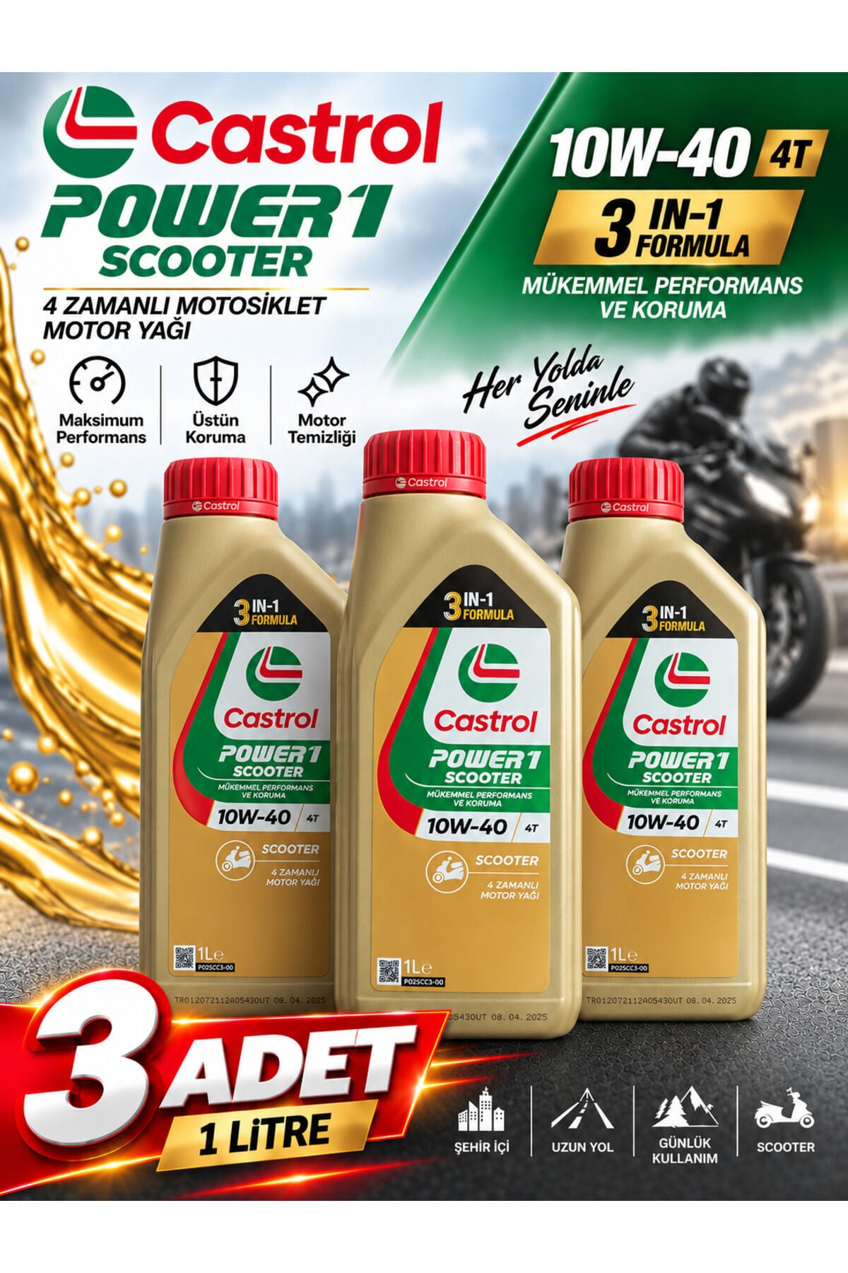Castrol Power1 Scooter 4T 10W-40 Tam Sentetik Motor Yağı – 1 Litre 3 ADET