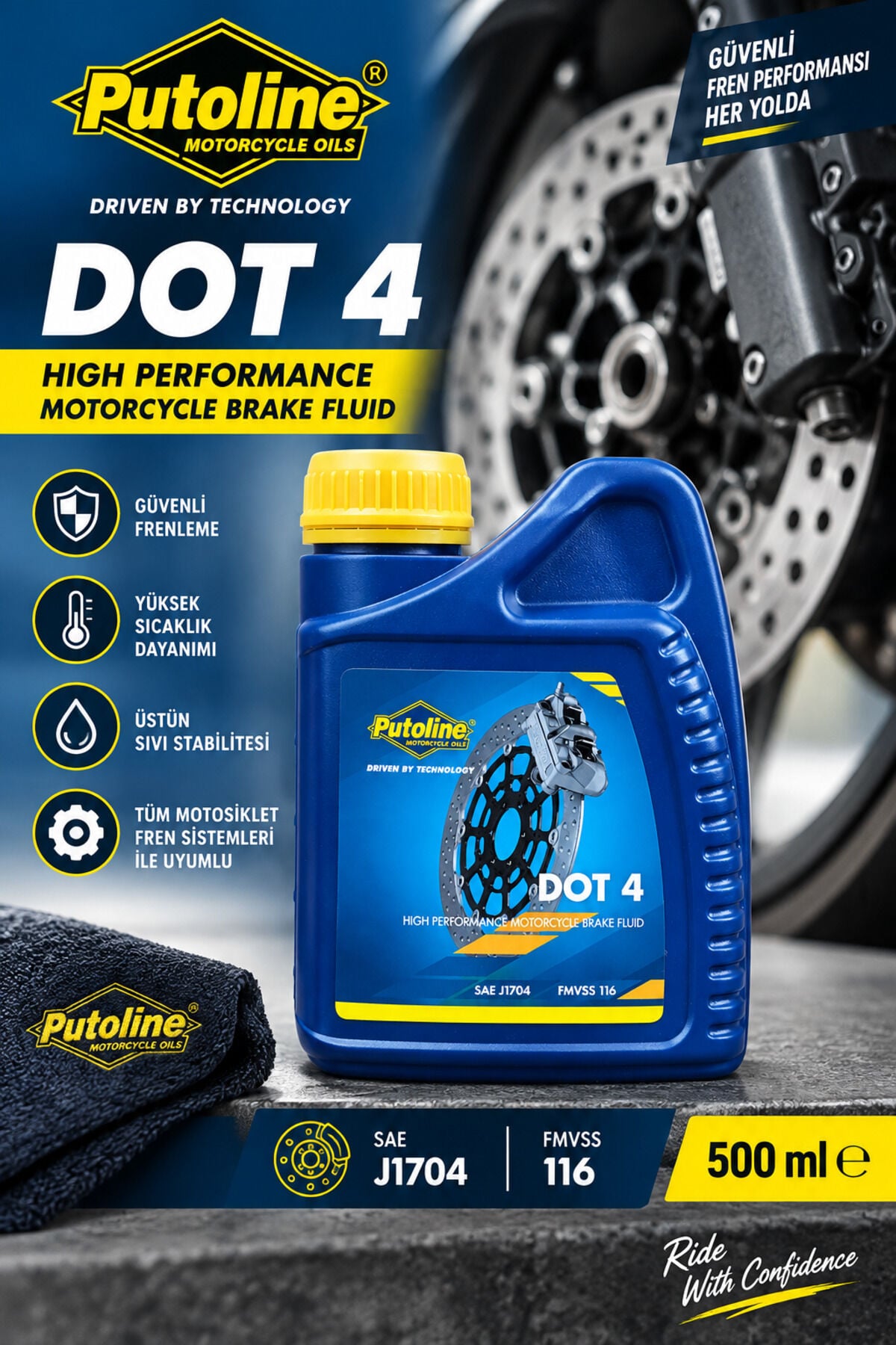 Putoline DOT 4 Motosiklet Fren Hidroliği 500 ml Yüksek Performanslı Brake Fluid