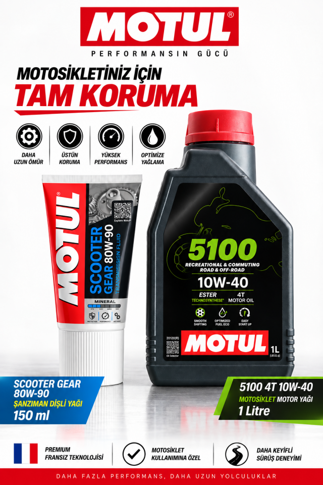 Motul 5100 10W-40 4T 1L + Scooter Gear 80W-90 Motor ve Şanzıman Yağı Seti