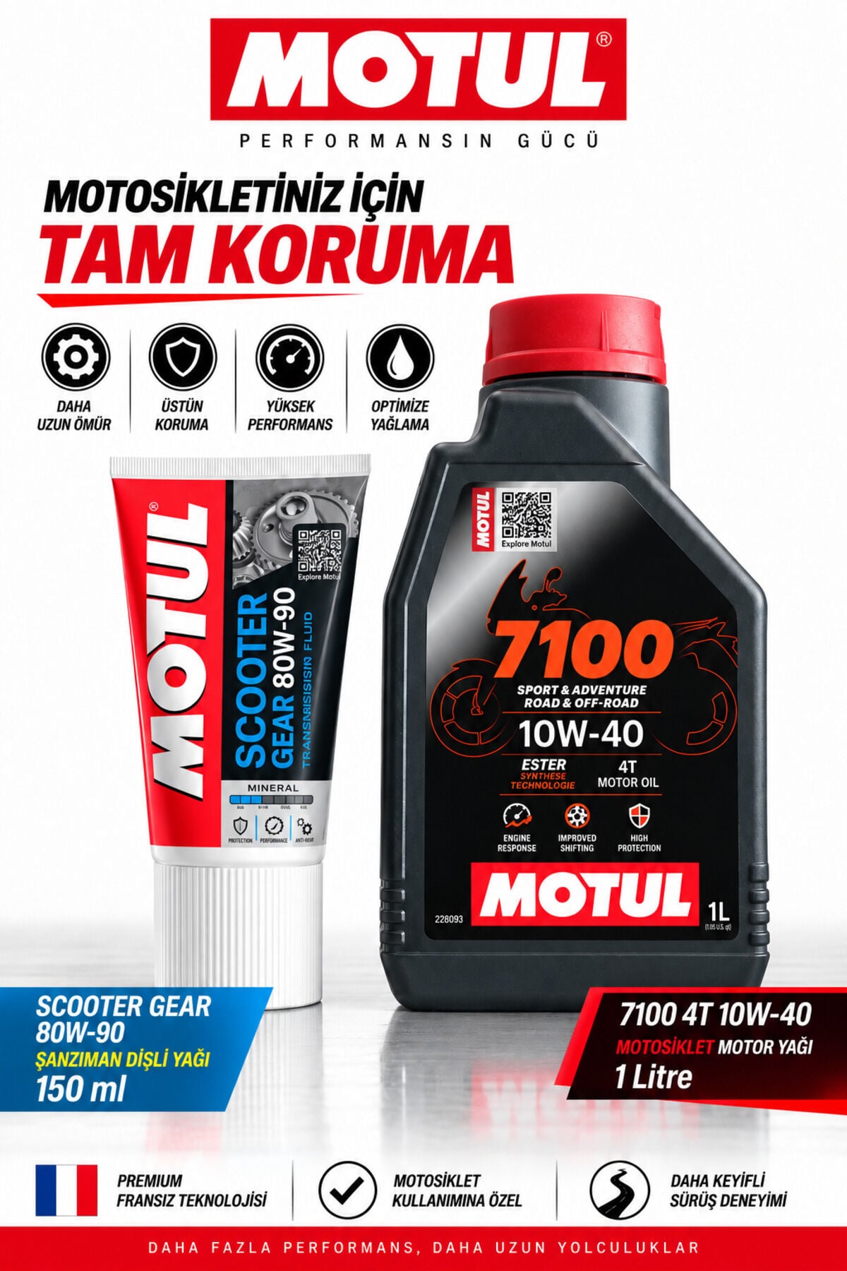 Motul 7100 10W-40 4T Tam Sentetik 1L + Scooter Gear 80W-90 Motor ve Şanzıman Yağı Seti