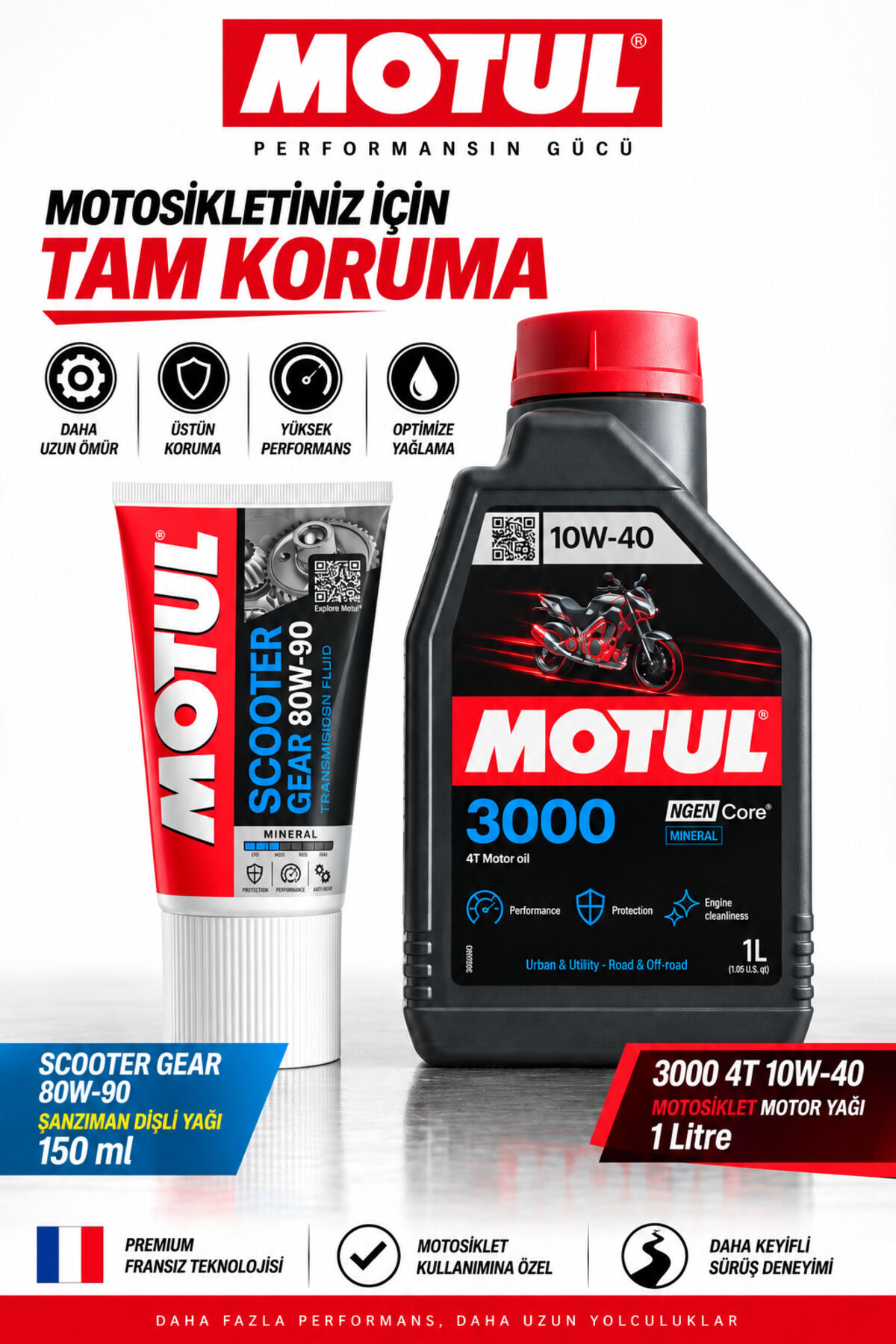 Motul 3000 10W-40 4T 1L + Scooter Gear 80W-90 Motor ve Şanzıman Yağı Seti