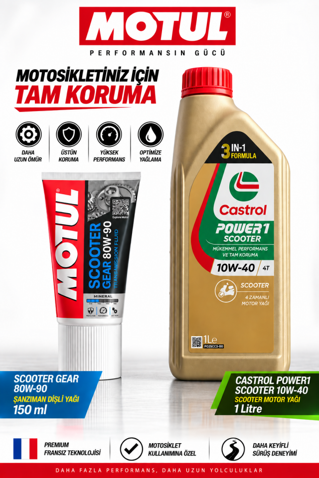 Castrol Power1 Scooter 10W-40 4T 1L + Scooter Gear 80W-90 Bakım Seti