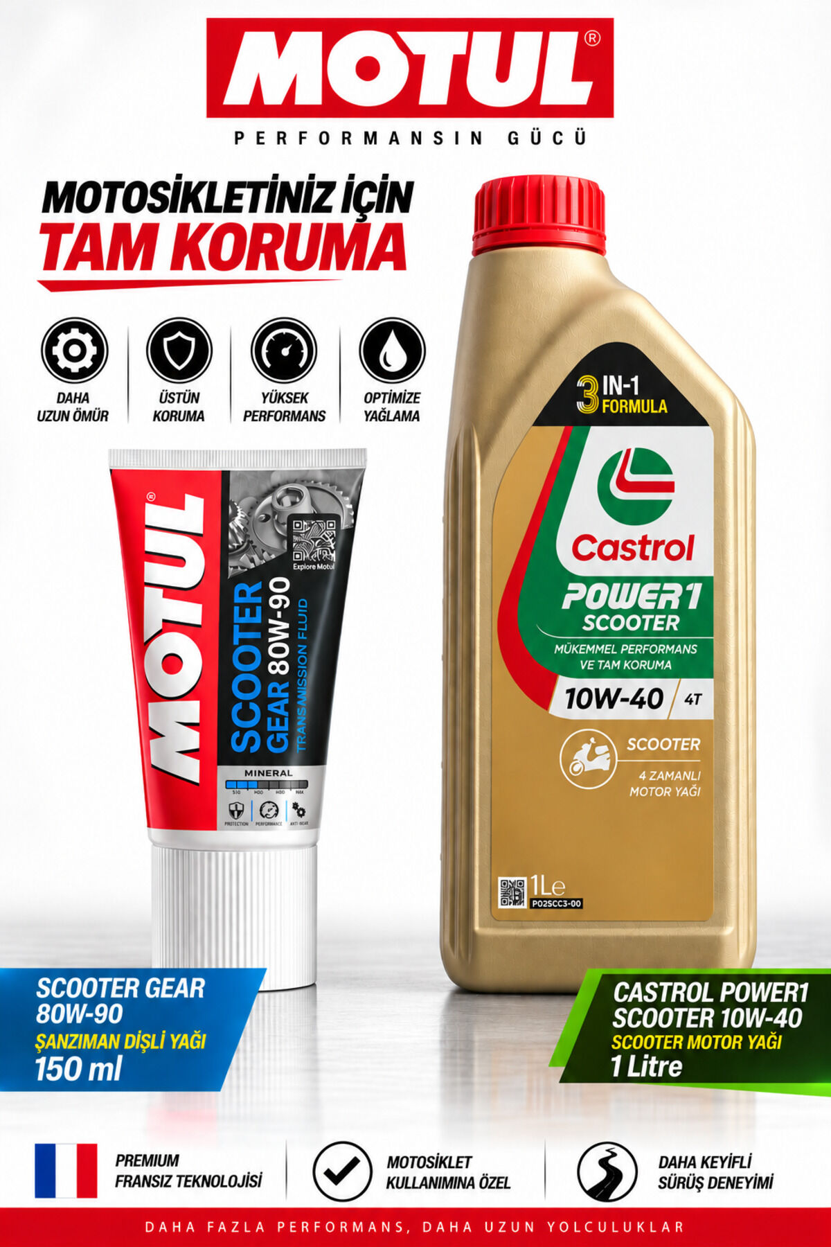 Castrol Power1 Scooter 10W-40 4T 1L + Scooter Gear 80W-90 Bakım Seti