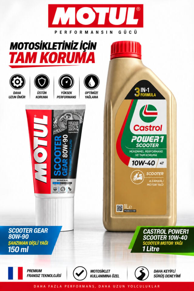 Castrol Power1 Scooter 10W-40 4T 1L + Scooter Gear 80W-90 Bakım Seti