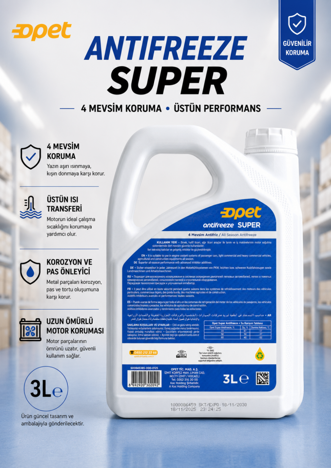 Opet Süper Antifreeze 4 Mevsim 3 Litre Mavi Antifiriz